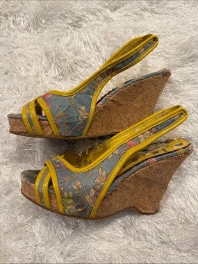 Not Rated Yellow Trim Floral Print Cork Wedge Sandals - Women